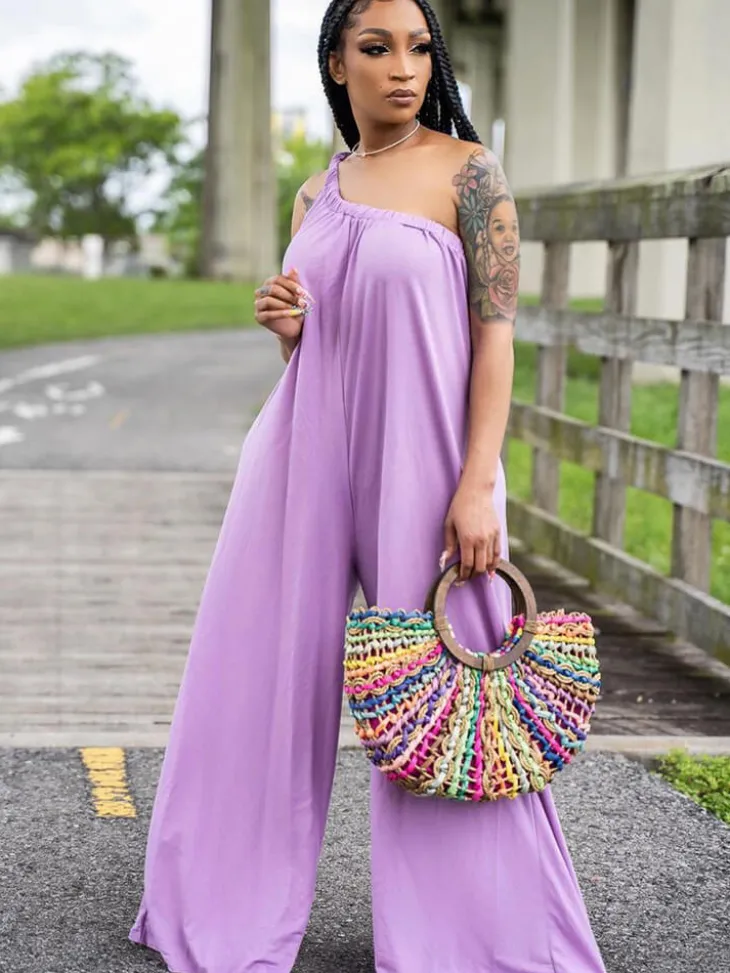 One Shoulder Sleeveless Wide Leg Jumpsuit