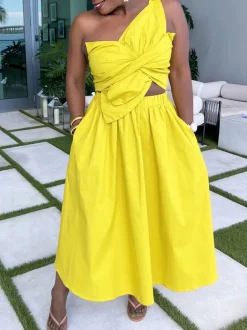 One-Shoulder Ruched Petal Cutout Dress
