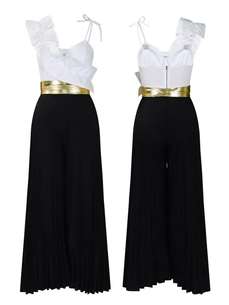 One-Shoulder Ruffle Pleated Pants Set