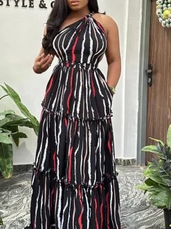 One-Shoulder Striped Backless Maxi Dress