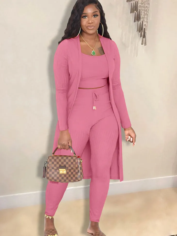 Open Front Cardigan Long Pants Three Piece Outfits