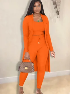 Open Front Cardigan Long Pants Three Piece Outfits