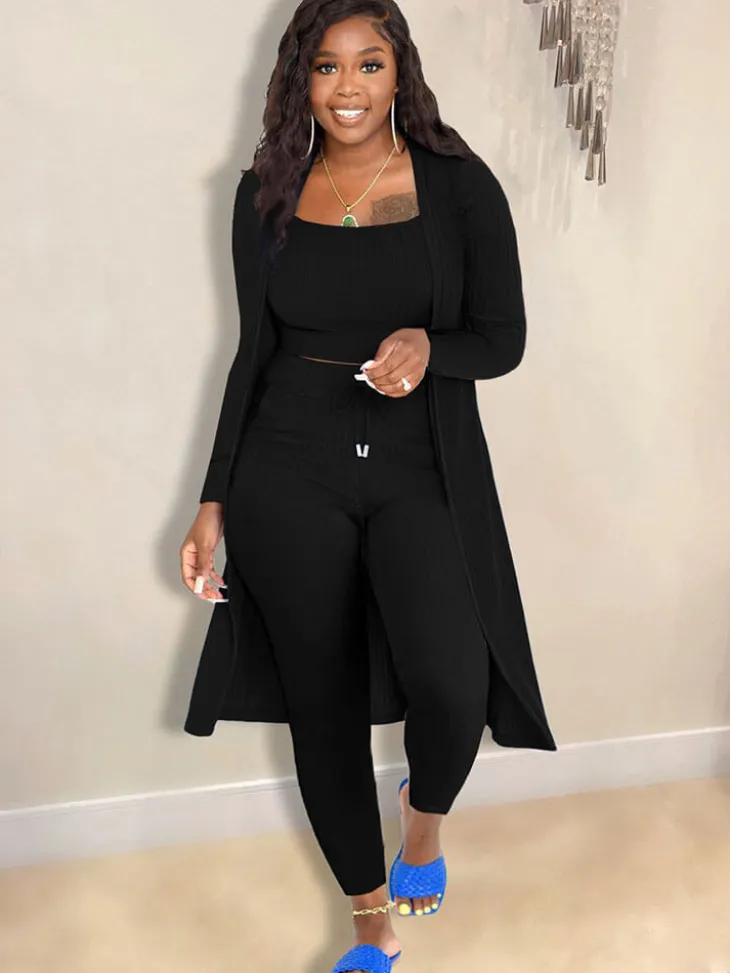 Open Front Cardigan Long Pants Three Piece Outfits