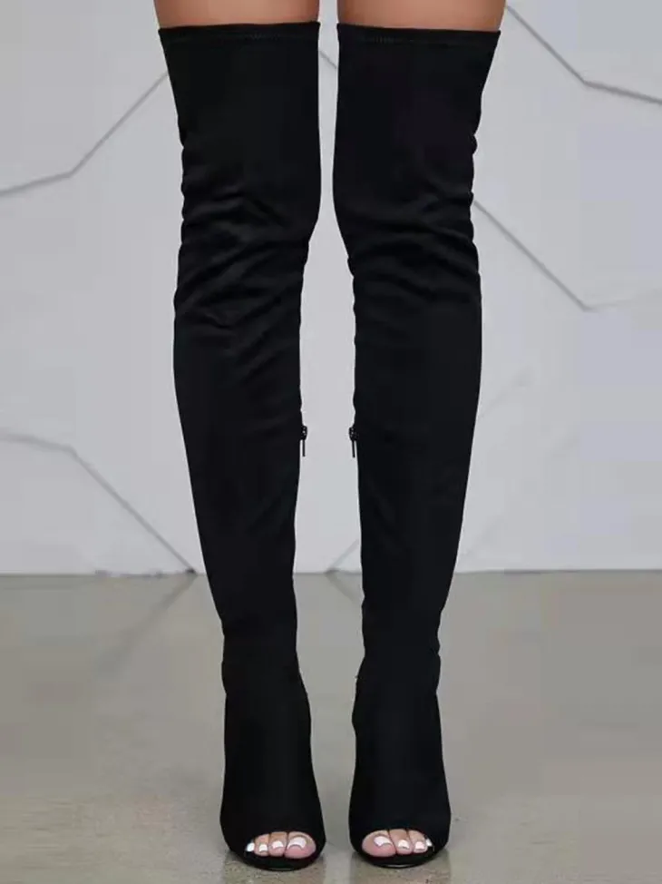Open-Toe Side Zipper Suede Knee-High Boots