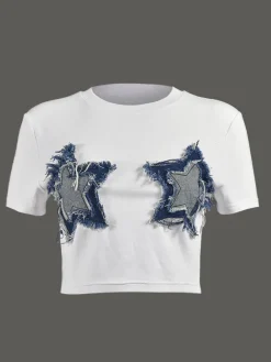 Patchwork Star Cropped Round Neck T-Shirt