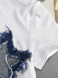 Patchwork Star Cropped Round Neck T-Shirt