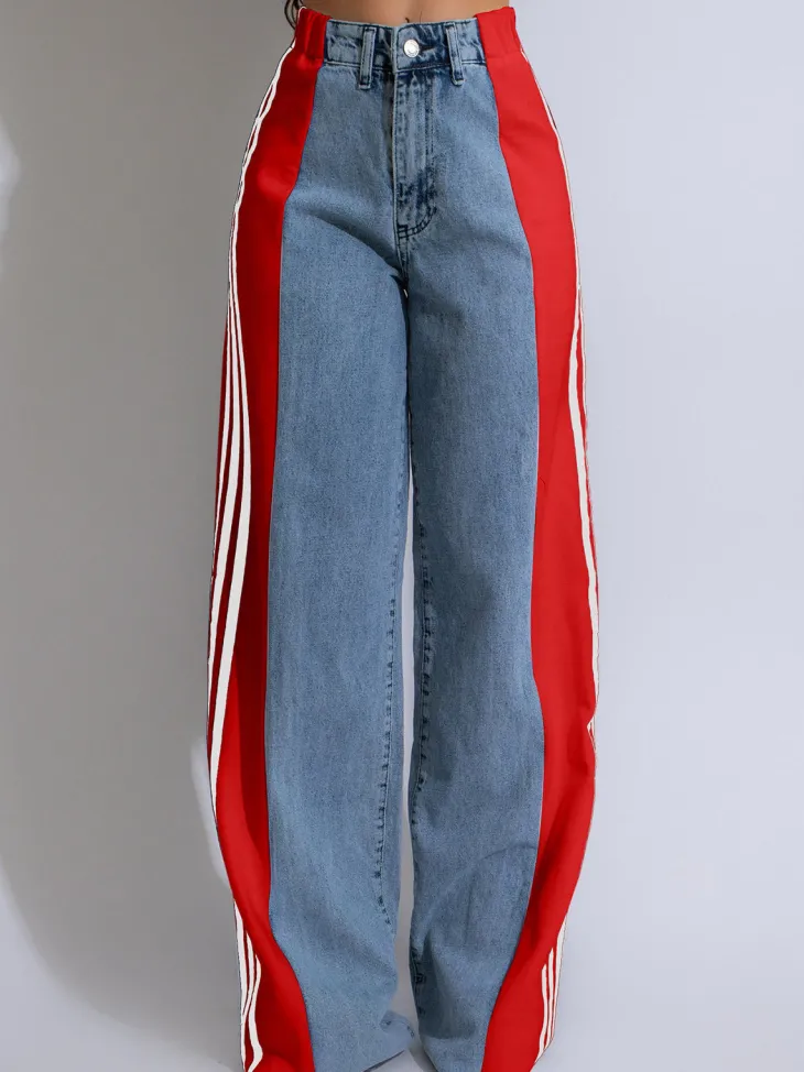 Patchwork Stripe Wide Leg Denim Pants