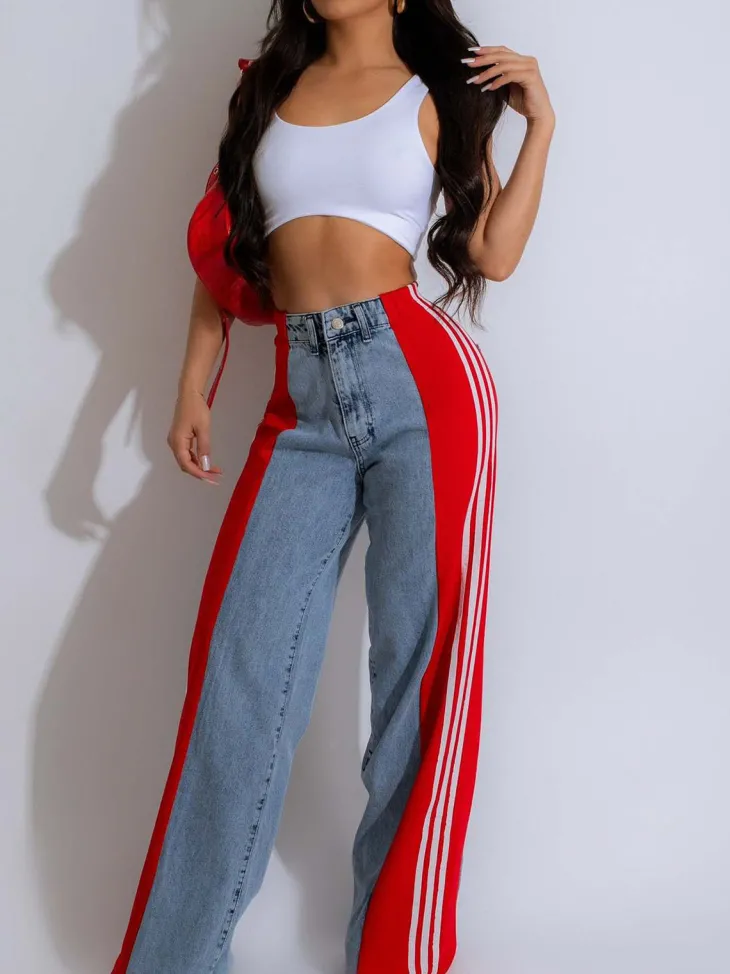 Patchwork Stripe Wide Leg Denim Pants