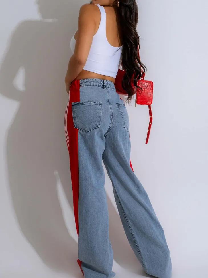 Patchwork Stripe Wide Leg Denim Pants