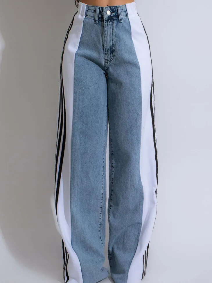 Patchwork Stripe Wide Leg Denim Pants