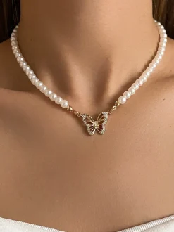 Pearl Butterfly Pendant Collar Necklace