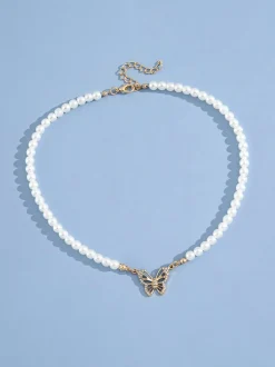 Pearl Butterfly Pendant Collar Necklace