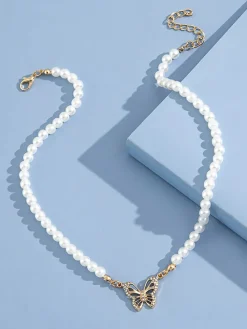 Pearl Butterfly Pendant Collar Necklace