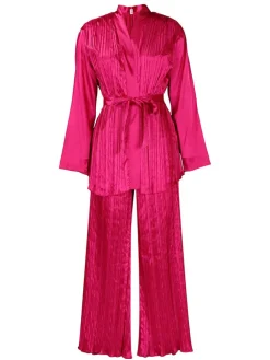 Pleated Long Sleeve Shirt and Pants Set with Belt