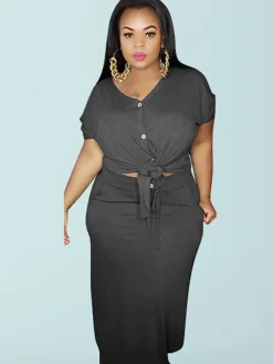 Plus Size 2 Piece Button Twist Knot Top Pocket Skirt Set
