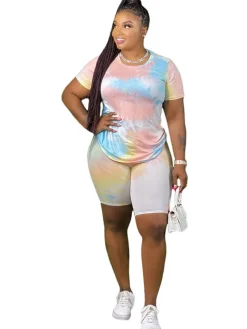 Plus Size 2 Piece Tie Dyed Top Bodycon shorts Set