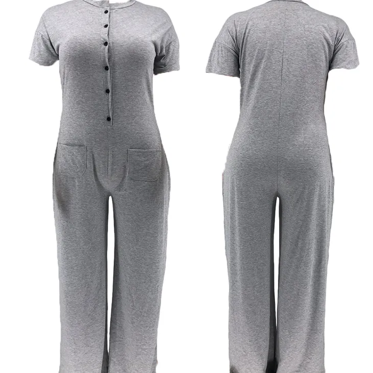 Plus Size Casual Solid Color Jumpsuit with Pockets