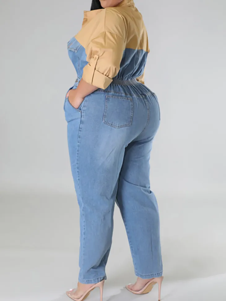 Plus Size Color Block Denim Jumpsuit