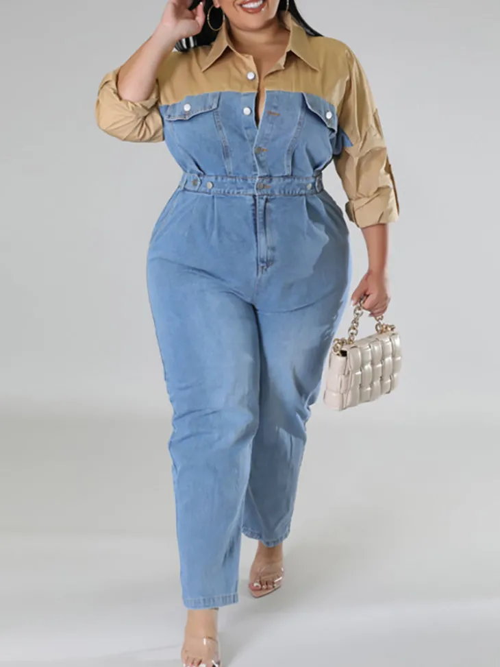Plus Size Color Block Denim Jumpsuit