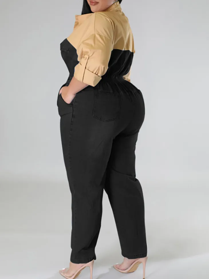 Plus Size Color Block Denim Jumpsuit