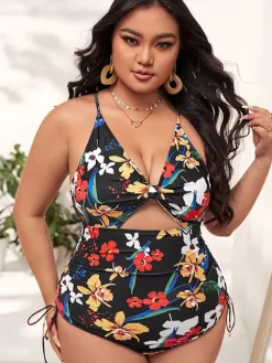 Plus Size Floral Print Backless Swimsuit