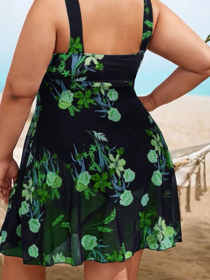 Plus Size Floral Print Mesh Bikini Bodysuit
