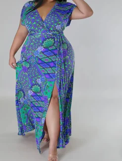 Plus Size Floral Print Split Maxi Dress