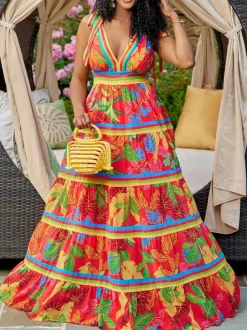 Plus Size Floral Print Strap A-Line Maxi Dress