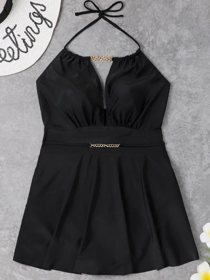 Plus Size Halter Chian Backless Swimsuit
