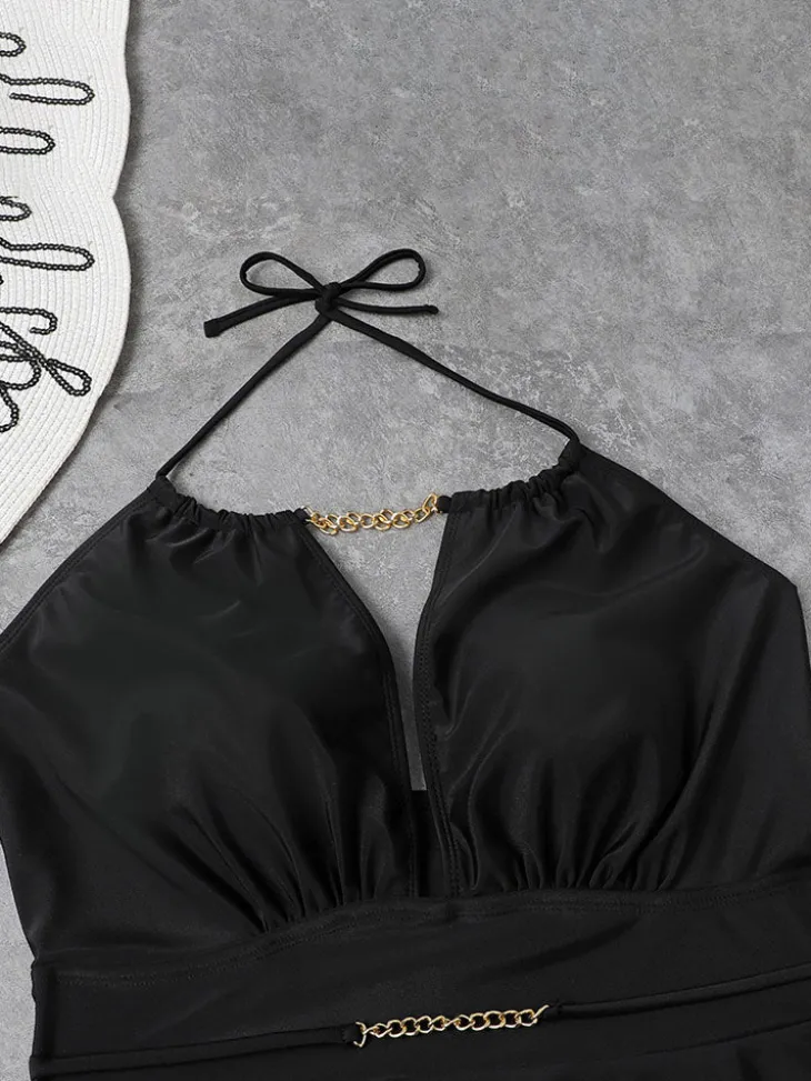 Plus Size Halter Chian Backless Swimsuit