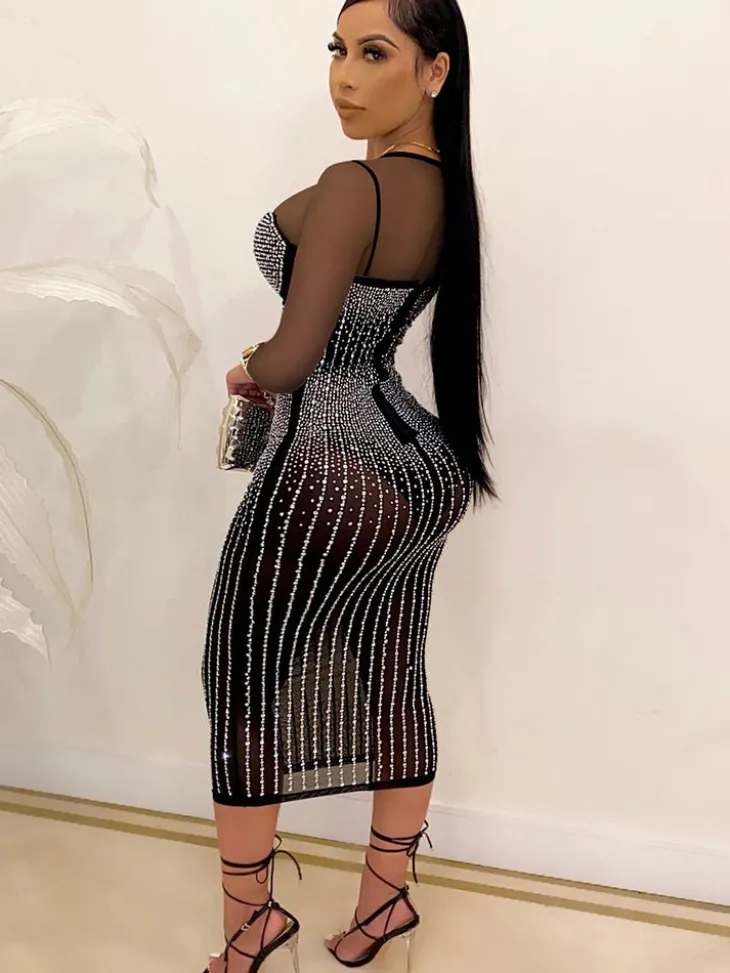 Plus Size Hot Drilling Mesh Long Sleeve Midi Dress