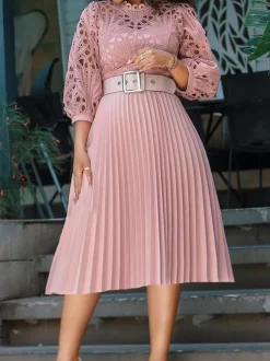Plus Size Lace Hollow Out Pleated Dress