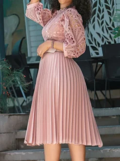 Plus Size Lace Hollow Out Pleated Dress