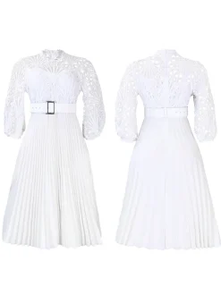 Plus Size Lace Hollow Out Pleated Dress