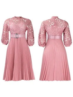 Plus Size Lace Hollow Out Pleated Dress