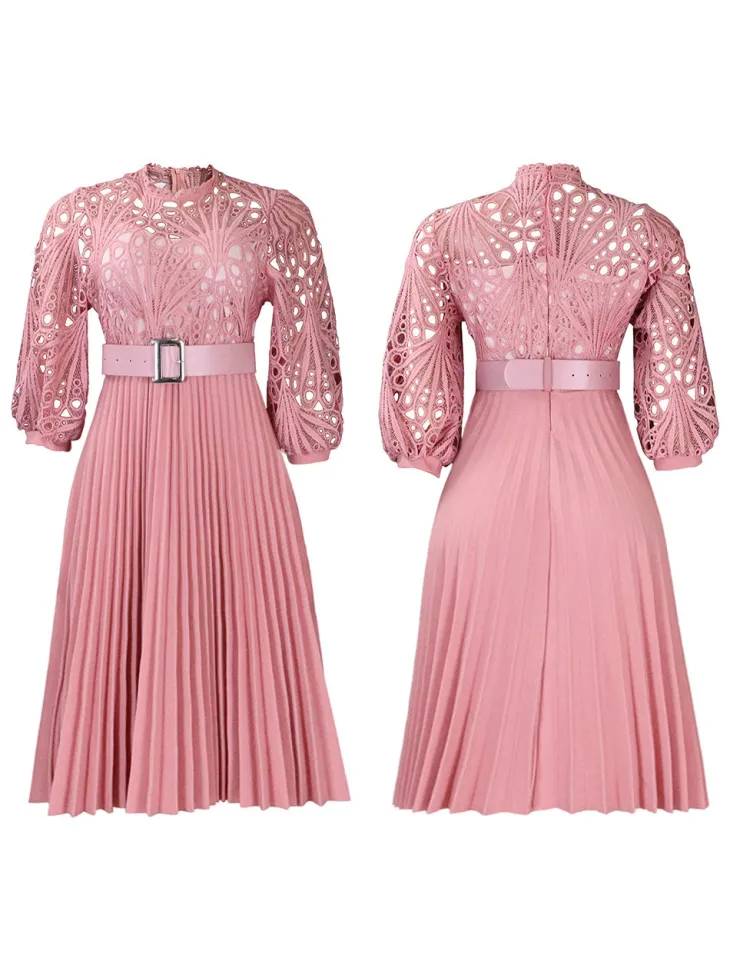 Plus Size Lace Hollow Out Pleated Dress