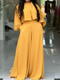 Plus Size Lantern Sleeve Wide Leg Pants Set