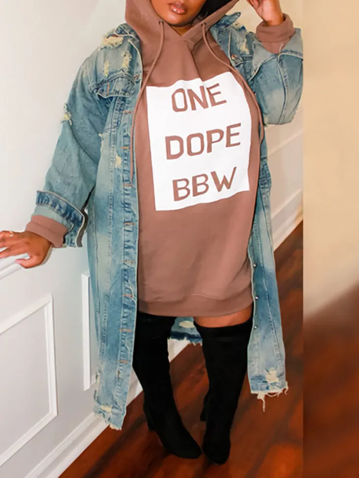 Plus Size Letter Print Hooded Sweatshirt Dress