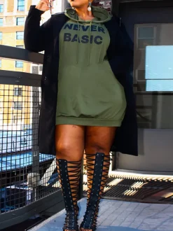 Plus Size Letter Print Hooded Sweatshirt Dress