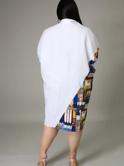 Plus Size Long Sleeve Loose Shirts Midi Dress