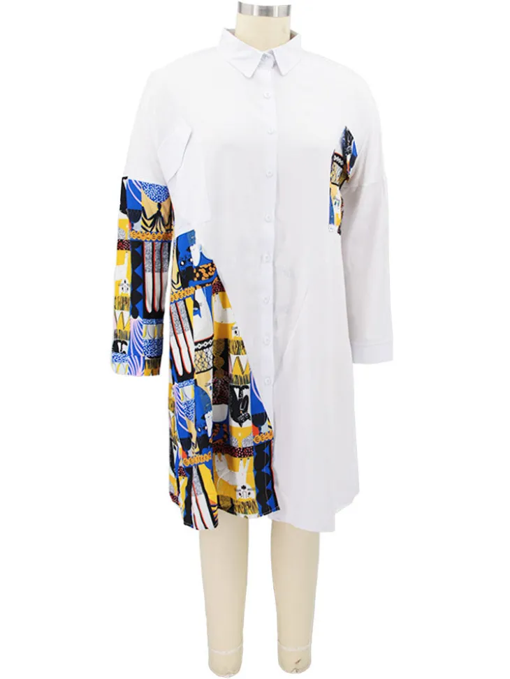 Plus Size Long Sleeve Loose Shirts Midi Dress
