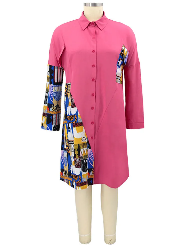 Plus Size Long Sleeve Loose Shirts Midi Dress