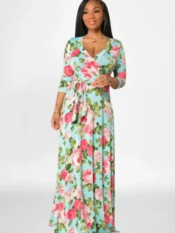Plus Size Long Sleeves Floral Print Maxi Dress