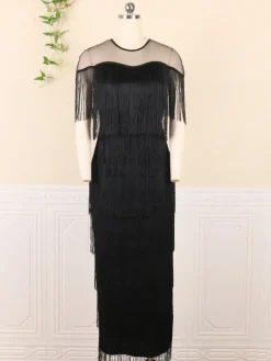Plus Size Mesh Side Slit Tassel Fringe Dress