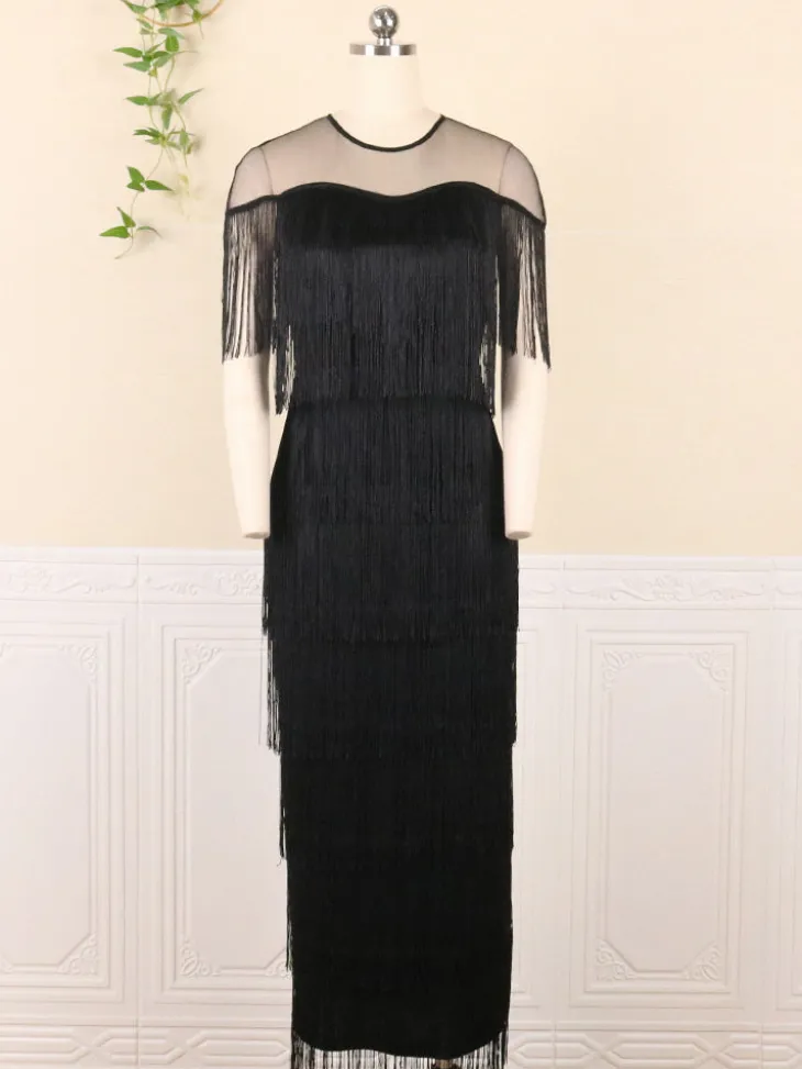 Plus Size Mesh Side Slit Tassel Fringe Dress