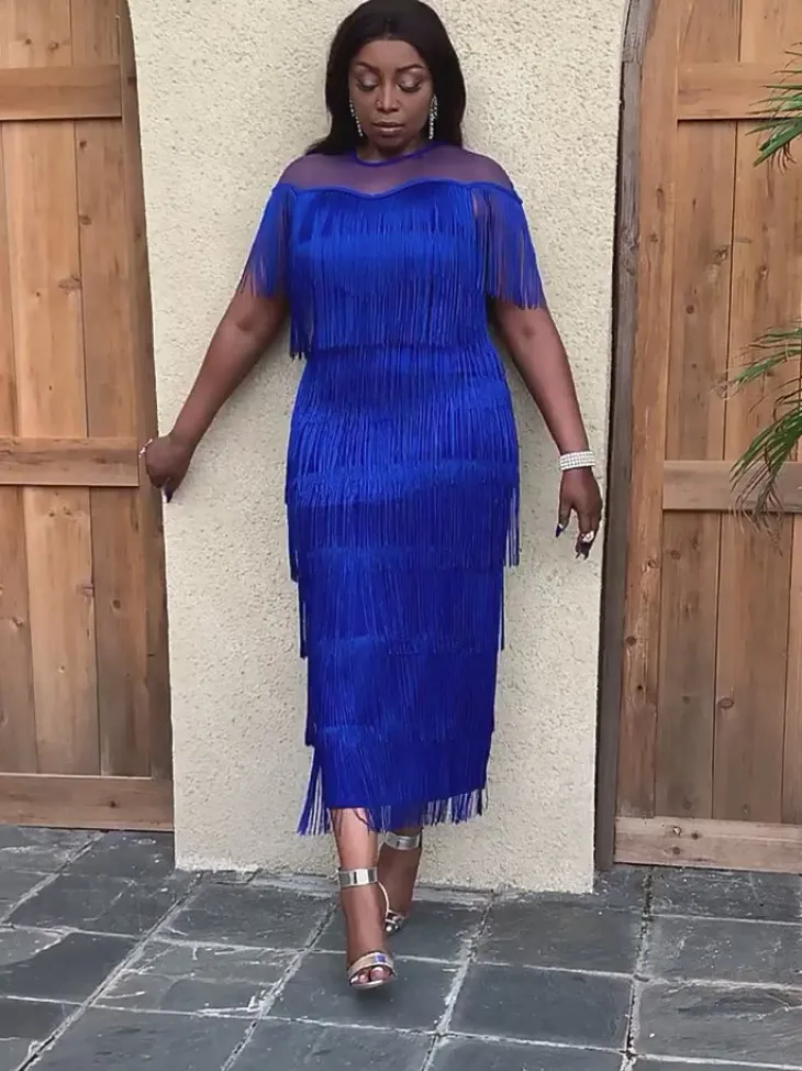 Plus Size Mesh Side Slit Tassel Fringe Dress