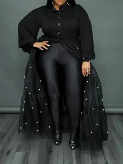 Plus Size Pearl Mesh Patchwork Top