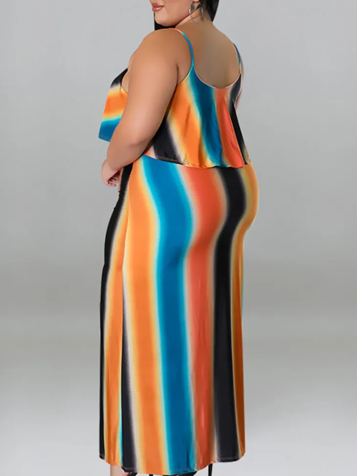 Plus Size Ruffle Strap Rainbow Stripe Print Dress
