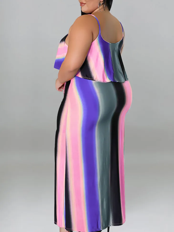 Plus Size Ruffle Strap Rainbow Stripe Print Dress