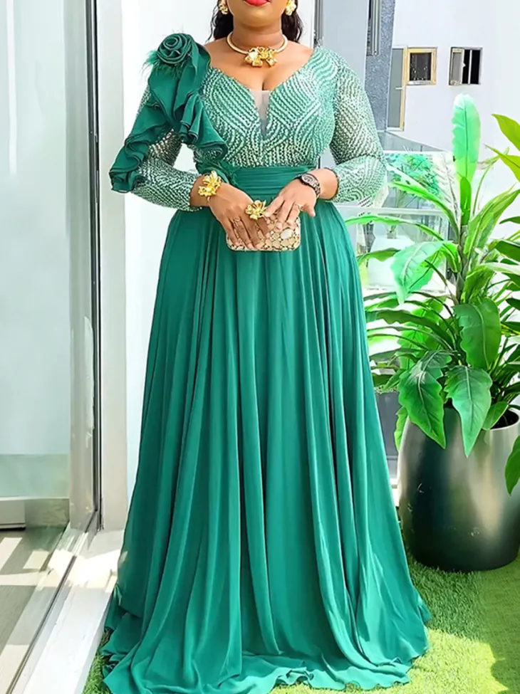 Plus Size Sequin Gown Chiffon Floral Maxi Dress
